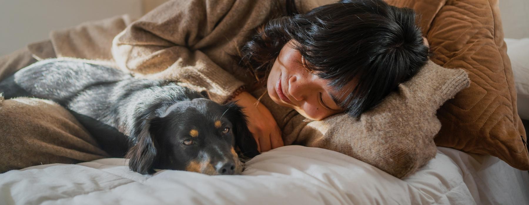 a person lying on a bed with a dog